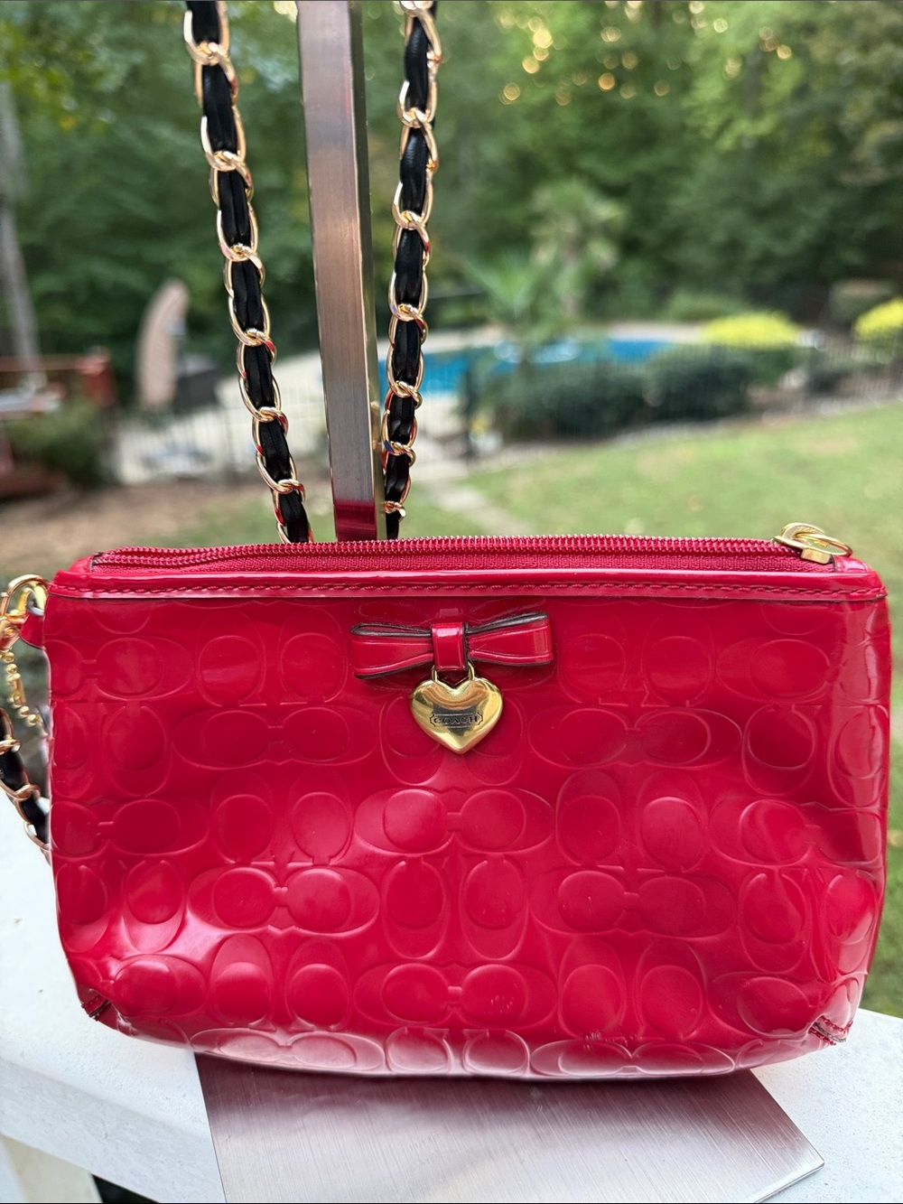 Coach Red Patent Leather Mini Crossbody with Gold Heart Charm